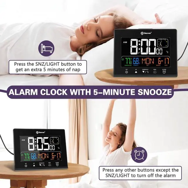 Alt view image 5 of 7 - Geevon Digital Atomic Alarm Clocks for Bedrooms with 2 USB Ports, Color VA Display Atomic Clock with Indoor Temperature and Humidity, DST, Calendar, and Moon Phases for Seniors Elderly