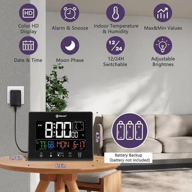 Alt view image 7 of 7 - Geevon Digital Atomic Alarm Clocks for Bedrooms with 2 USB Ports, Color VA Display Atomic Clock with Indoor Temperature and Humidity, DST, Calendar, and Moon Phases for Seniors Elderly