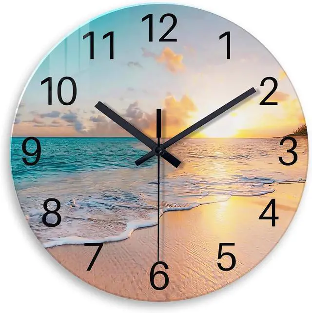 Main image of Beach Wall Clock Battery Operated 12 Inch Glass Wall Clock Non Ticking Analog Blue Wall Clocks for Bedroom Living Room Office Decor
