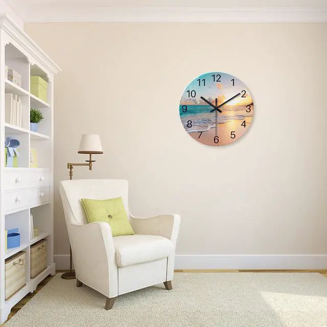 Alt view image 2 of 7 - Beach Wall Clock Battery Operated 12 Inch Glass Wall Clock Non Ticking Analog Blue Wall Clocks for Bedroom Living Room Office Decor