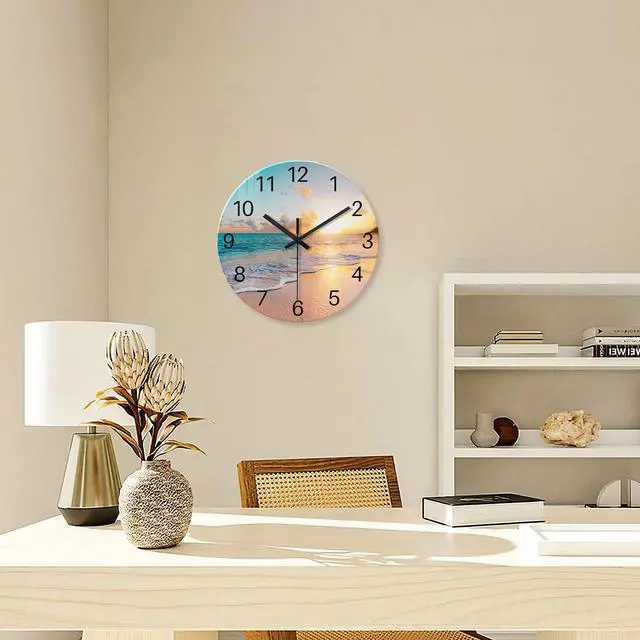 Alt view image 4 of 7 - Beach Wall Clock Battery Operated 12 Inch Glass Wall Clock Non Ticking Analog Blue Wall Clocks for Bedroom Living Room Office Decor