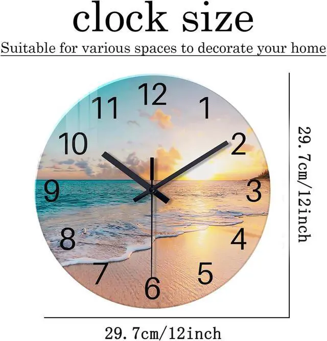 Alt view image 6 of 7 - Beach Wall Clock Battery Operated 12 Inch Glass Wall Clock Non Ticking Analog Blue Wall Clocks for Bedroom Living Room Office Decor