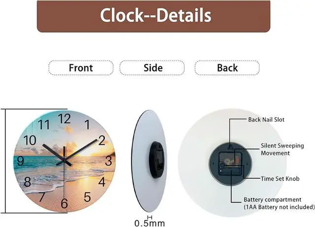 Alt view image 7 of 7 - Beach Wall Clock Battery Operated 12 Inch Glass Wall Clock Non Ticking Analog Blue Wall Clocks for Bedroom Living Room Office Decor