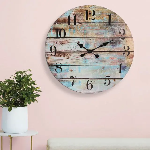 Alt view image 7 of 7 - Stonebriar Vintage Farmhouse Wooden 23 Inch Round Battery Operated Hanging Wall Clock