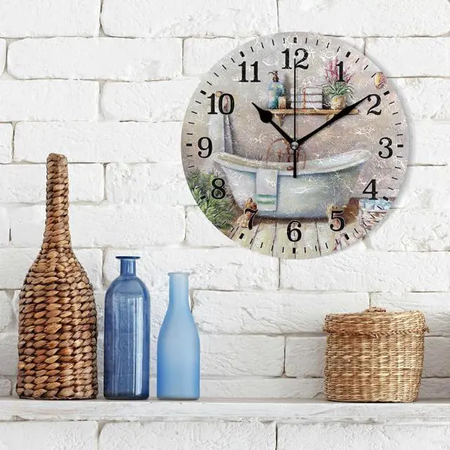 Alt view image 4 of 7 - Silent Wall Clock for Bathroom Decorarion, Battery Powered No Ticking 10 Inch Round Small Plastic Horloge for Home, Living Room