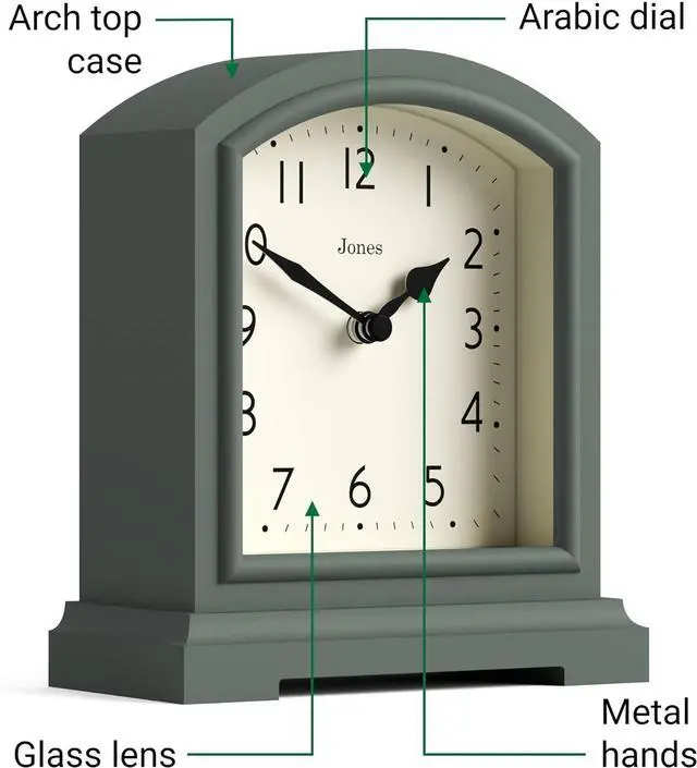 Alt view image 6 of 7 - JONES CLOCKS® Tavern Mantel Clock | Modern Arch top Design | Asparagus Green | Contemporary Classic Style for Desk, Table, Shelf or Bedside