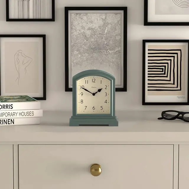 Alt view image 3 of 7 - JONES CLOCKS® Tavern Mantel Clock | Modern Arch top Design | Asparagus Green | Contemporary Classic Style for Desk, Table, Shelf or Bedside