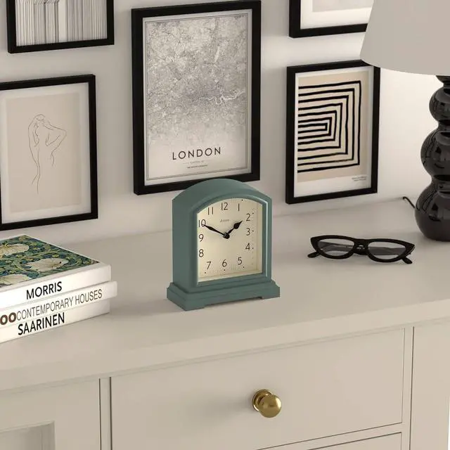 Alt view image 5 of 7 - JONES CLOCKS® Tavern Mantel Clock | Modern Arch top Design | Asparagus Green | Contemporary Classic Style for Desk, Table, Shelf or Bedside