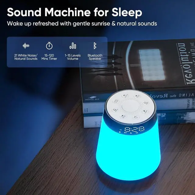 Alt view image 3 of 7 - Sunrise Alarm Clock with Wake Up Light & White Noise Machine - 21 Soothing Sounds, 12 Color Dimmable Night Lights, Bluetooth Speaker, Digital Clock for Heavy Sleepers Adults/Kids