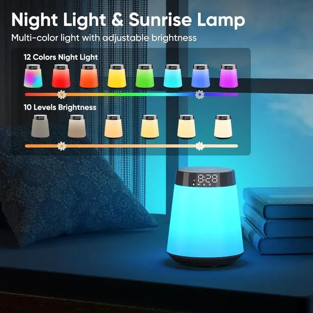 Alt view image 5 of 7 - Sunrise Alarm Clock with Wake Up Light & White Noise Machine - 21 Soothing Sounds, 12 Color Dimmable Night Lights, Bluetooth Speaker, Digital Clock for Heavy Sleepers Adults/Kids