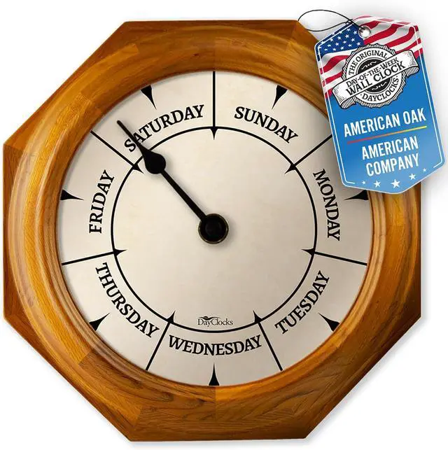 Main image of Classic Day of The Week Wall Clock with Solid Wood Frame  Calendar Day Clock  Ideal Retirement Gift for Men & Women  Oak, 10"