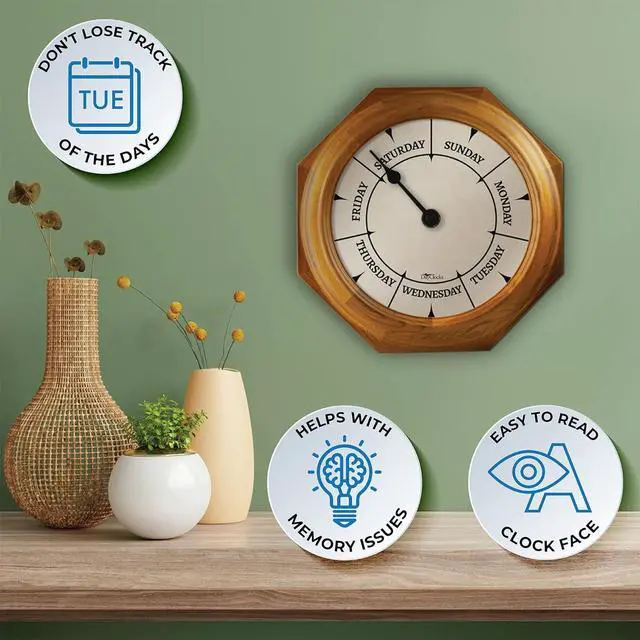 Alt view image 2 of 7 - Classic Day of The Week Wall Clock with Solid Wood Frame  Calendar Day Clock  Ideal Retirement Gift for Men & Women  Oak, 10"