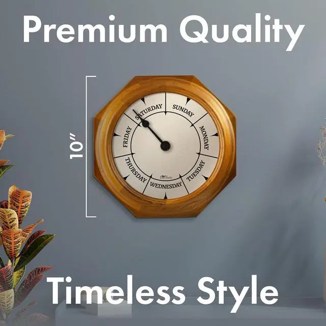 Alt view image 4 of 7 - Classic Day of The Week Wall Clock with Solid Wood Frame  Calendar Day Clock  Ideal Retirement Gift for Men & Women  Oak, 10"