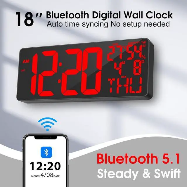Alt view image 2 of 7 - [2024 New] 18" Digital Wall Clock Large Display/Bluetooth Sync Time, Large Wall Clock with Remote Control, Auto DST, Alarm, Temperature and Date - Easy to Read and Set Timer