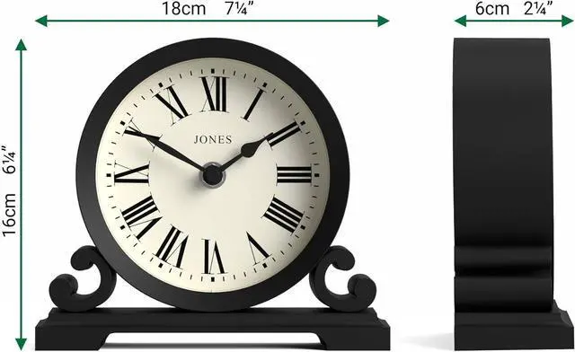 Alt view image 4 of 7 - JONES CLOCKS® Saloon Mantel Clock | Traditional Double Scroll Design | Black | Roman Numerals | Classic Style for Desk, Table, Shelf or Bedside