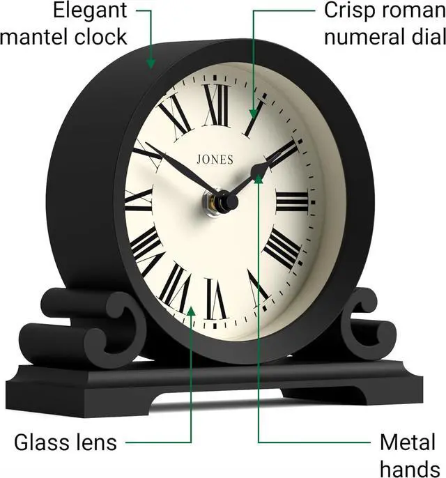 Alt view image 6 of 7 - JONES CLOCKS® Saloon Mantel Clock | Traditional Double Scroll Design | Black | Roman Numerals | Classic Style for Desk, Table, Shelf or Bedside
