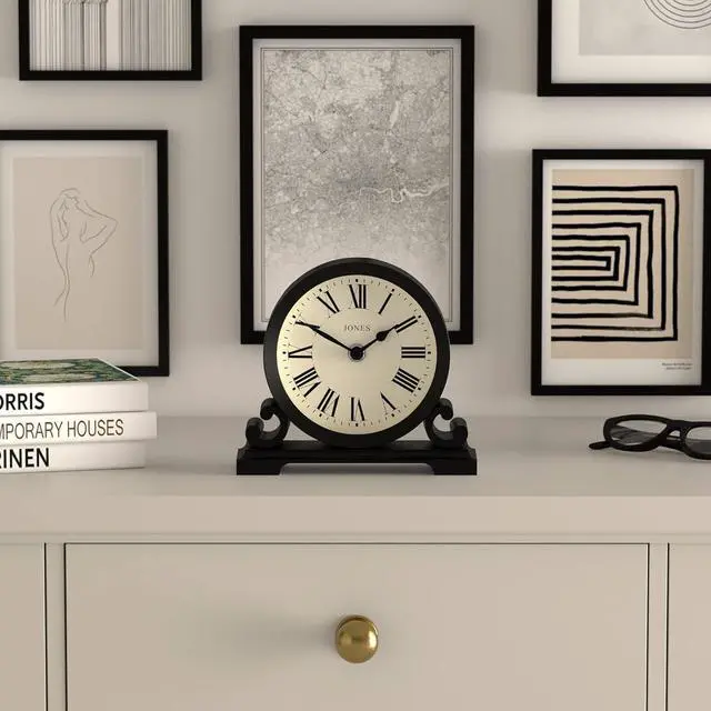 Alt view image 3 of 7 - JONES CLOCKS® Saloon Mantel Clock | Traditional Double Scroll Design | Black | Roman Numerals | Classic Style for Desk, Table, Shelf or Bedside