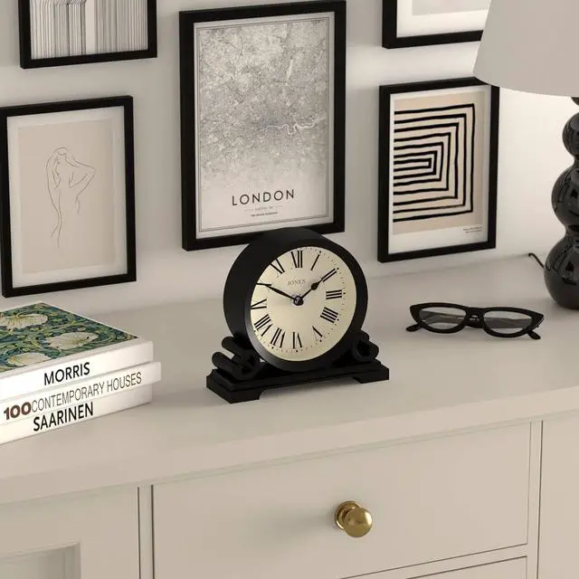 Alt view image 5 of 7 - JONES CLOCKS® Saloon Mantel Clock | Traditional Double Scroll Design | Black | Roman Numerals | Classic Style for Desk, Table, Shelf or Bedside