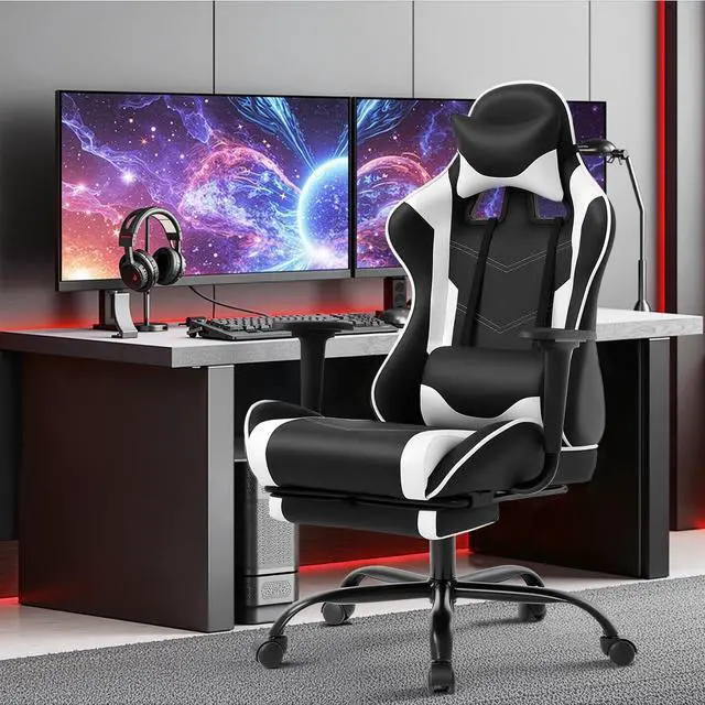 Alt view image 2 of 7 - BestOffice Ergonomic Office, PC Gaming Desk Chair Executive PU Leather Computer Lumbar Support with Footrest Modern Task Rolling Swivel Chair for Women, Men(White)