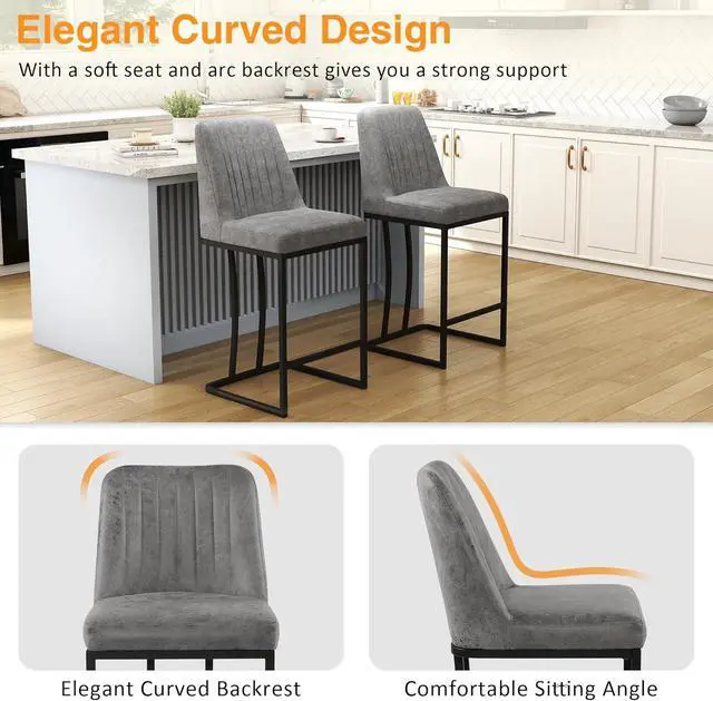 Alt view image 3 of 7 - LSSPAID 24.8 inch Bar Stools Set of 4, Upholstered Fabric Counter Height Barstools, Modern Kitchen Island Chairs with Footrest and Black Metal Legs, Grey