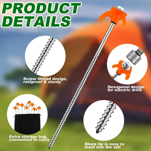 Alt view image 3 of 6 - JaGely 20 Pcs 12 Inch Tent Stakes Screw in Camping Stake Heavy Duty Metal Spikes Ground Anchor Peg Threaded Tent Spikes with Hex Head Driver for Camping Garden Inflatable Outdoor Decor (Orange)