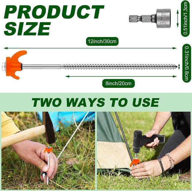 Alt view image 2 of 6 - JaGely 20 Pcs 12 Inch Tent Stakes Screw in Camping Stake Heavy Duty Metal Spikes Ground Anchor Peg Threaded Tent Spikes with Hex Head Driver for Camping Garden Inflatable Outdoor Decor (Orange)