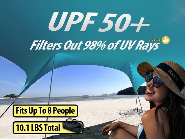 Alt view image 2 of 7 - 10×10ft UPF50+ Beach Tent Sun Shelter, Windproof Stable Outdoor Pop Up Beach Shade Canopy for Camping, Fishing, Backyard Fun or Picnics, 4 Poles