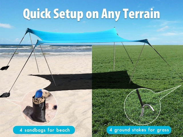 Alt view image 5 of 7 - 10×10ft UPF50+ Beach Tent Sun Shelter, Windproof Stable Outdoor Pop Up Beach Shade Canopy for Camping, Fishing, Backyard Fun or Picnics, 4 Poles