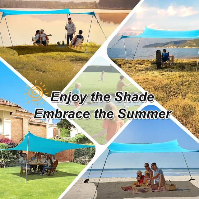 Alt view image 7 of 7 - 10×10ft UPF50+ Beach Tent Sun Shelter, Windproof Stable Outdoor Pop Up Beach Shade Canopy for Camping, Fishing, Backyard Fun or Picnics, 4 Poles