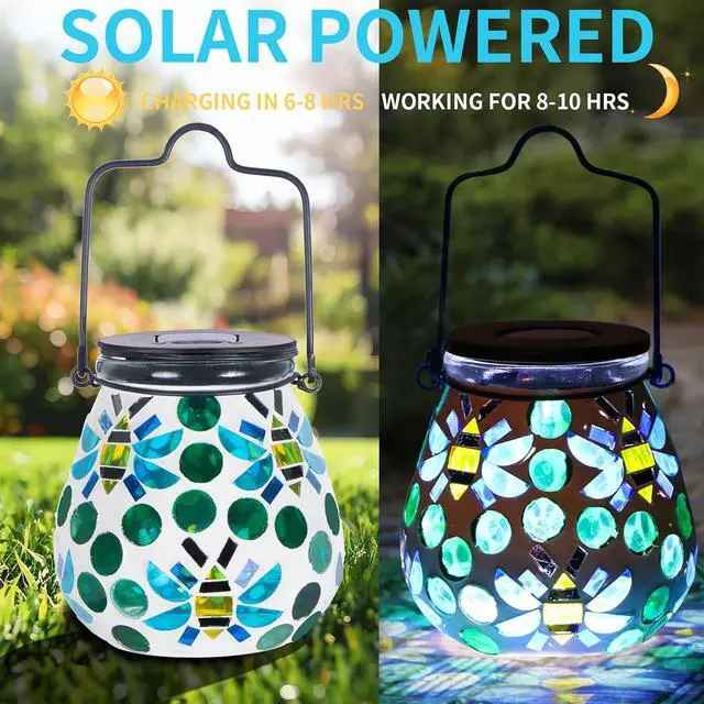 Alt view image 3 of 7 - Outdoor Solar Lantern Waterproof Mosaic Glass Hanging Garden Light Bee