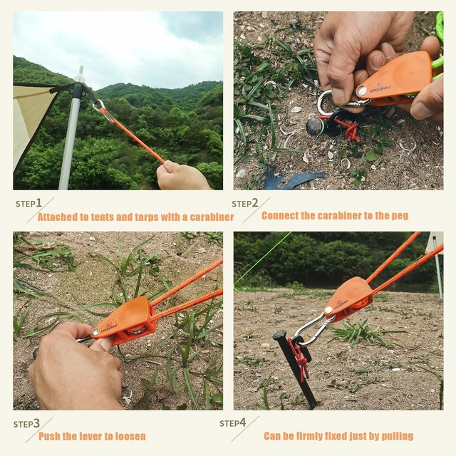 Alt view image 5 of 6 - Hikeman Camping Rope with Ratchet Pulley,Quick Setup Outdoor Guy Lines Adjustable Tent Tie Downs Rope Hanger for Canopy,Kayak and Canoe,Grow Light (4PCS,Black)