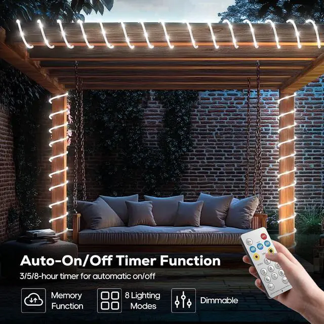 Alt view image 4 of 7 - Solar Rope Lights, 66FT 200LED 1800mAh Outdoor IP67 String Lights (White)