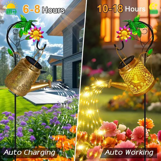 Alt view image 3 of 7 - Solar Garden Lights Outdoor Decor, Hummingbird Watering Can Solar Lantern