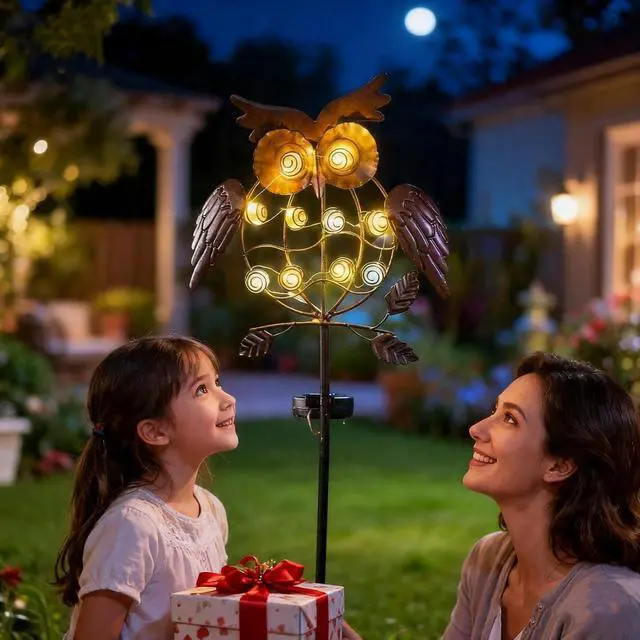 Alt view image 2 of 7 - TAKE ME Owl Garden Solar Lights Outdoor, Solar Powered Stake Lights Chrismas Gifts Garden Gifts Mom Wife Grandma - Metal OWL LED Decorative for Walkway,Pathway,Yard,Lawn (Bronze)