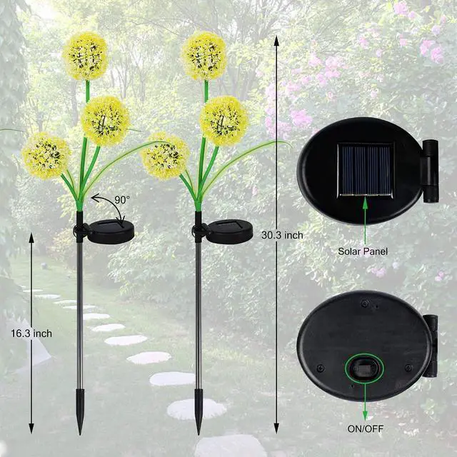 Alt view image 2 of 7 - FORUP 2 Pack Solar Garden Stake Lights, Outdoor Solar Powered Lights in Dandelion Flower Design for Patio, Lawn, Garden, Yard Decoration, Yellow & White