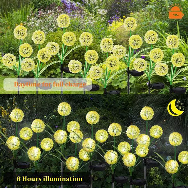 Alt view image 4 of 7 - FORUP 2 Pack Solar Garden Stake Lights, Outdoor Solar Powered Lights in Dandelion Flower Design for Patio, Lawn, Garden, Yard Decoration, Yellow & White