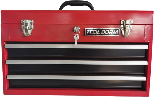 Main image of 20.3 Metal Tool Box with Drawer Portable Steel Tool Box with Protective Liner and Latch Closure and Lock for Garage, Home and Warehouse (Red & Black-3 Drawers)