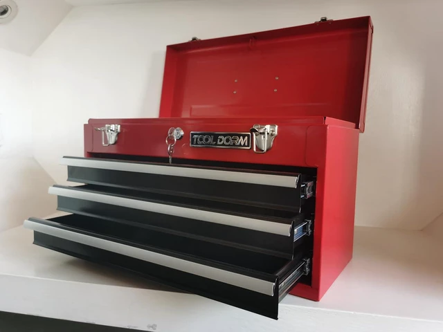 Alt view image 2 of 5 - 20.3 Metal Tool Box with Drawer Portable Steel Tool Box with Protective Liner and Latch Closure and Lock for Garage, Home and Warehouse (Red & Black-3 Drawers)