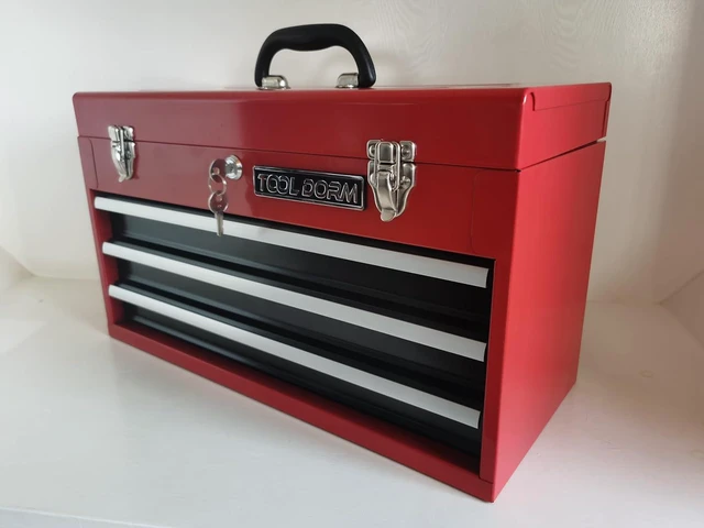 Alt view image 3 of 5 - 20.3 Metal Tool Box with Drawer Portable Steel Tool Box with Protective Liner and Latch Closure and Lock for Garage, Home and Warehouse (Red & Black-3 Drawers)