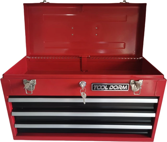 Alt view image 4 of 5 - 20.3 Metal Tool Box with Drawer Portable Steel Tool Box with Protective Liner and Latch Closure and Lock for Garage, Home and Warehouse (Red & Black-3 Drawers)