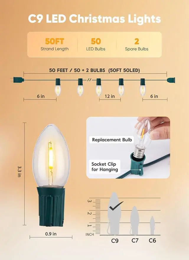 Alt view image 5 of 7 - Minetom Christmas Lights Outdoor, 50Ft 50 LED C9 String Lights, Warm White