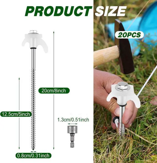 Alt view image 2 of 7 - Yaocom 40 Pcs 8" Screw in Tent Stakes Heavy Duty Tent Stakes Drillable Ground Anchors Screw Metal Tents Pegs Threaded Tents Spikes with Head Driver for Swing Inflatable Decor