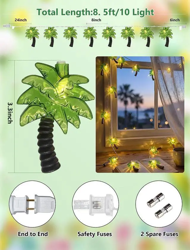 Alt view image 2 of 7 - Palm Tree String Lights Outdoor, Summer Beach Themed Decoratives String Lights with 10 Palm Tree Patio Light, Plug in Indoor Fairy Lights for Outdoor Indoor Beach Tropical Party Bedroom Birthday Decor