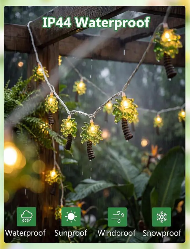 Alt view image 3 of 7 - Palm Tree String Lights Outdoor, Summer Beach Themed Decoratives String Lights with 10 Palm Tree Patio Light, Plug in Indoor Fairy Lights for Outdoor Indoor Beach Tropical Party Bedroom Birthday Decor