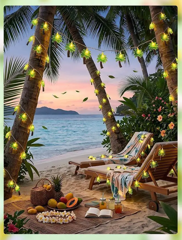 Alt view image 4 of 7 - Palm Tree String Lights Outdoor, Summer Beach Themed Decoratives String Lights with 10 Palm Tree Patio Light, Plug in Indoor Fairy Lights for Outdoor Indoor Beach Tropical Party Bedroom Birthday Decor