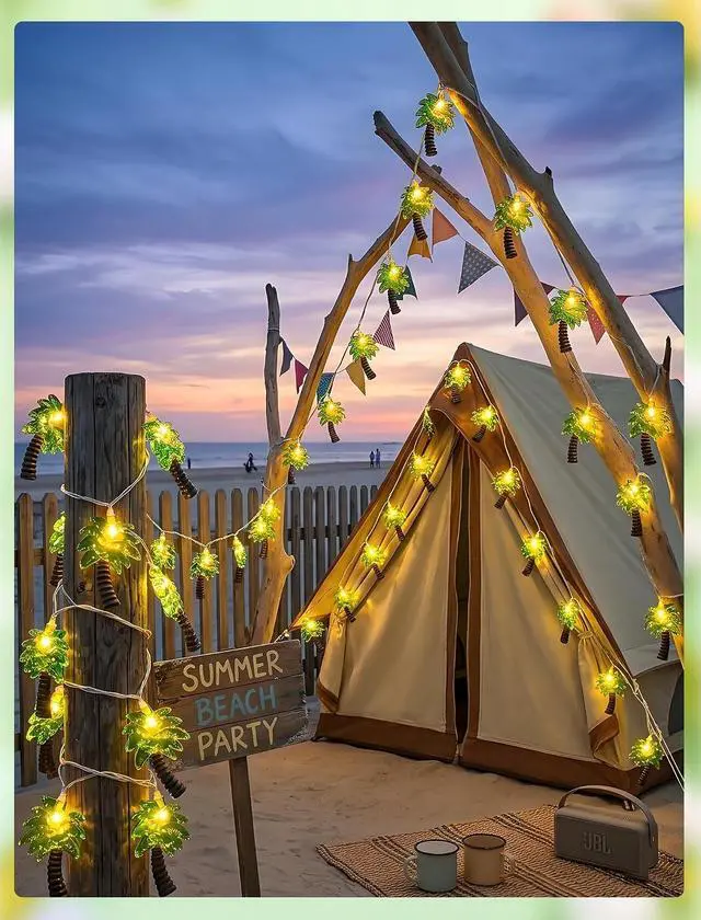 Alt view image 6 of 7 - Palm Tree String Lights Outdoor, Summer Beach Themed Decoratives String Lights with 10 Palm Tree Patio Light, Plug in Indoor Fairy Lights for Outdoor Indoor Beach Tropical Party Bedroom Birthday Decor