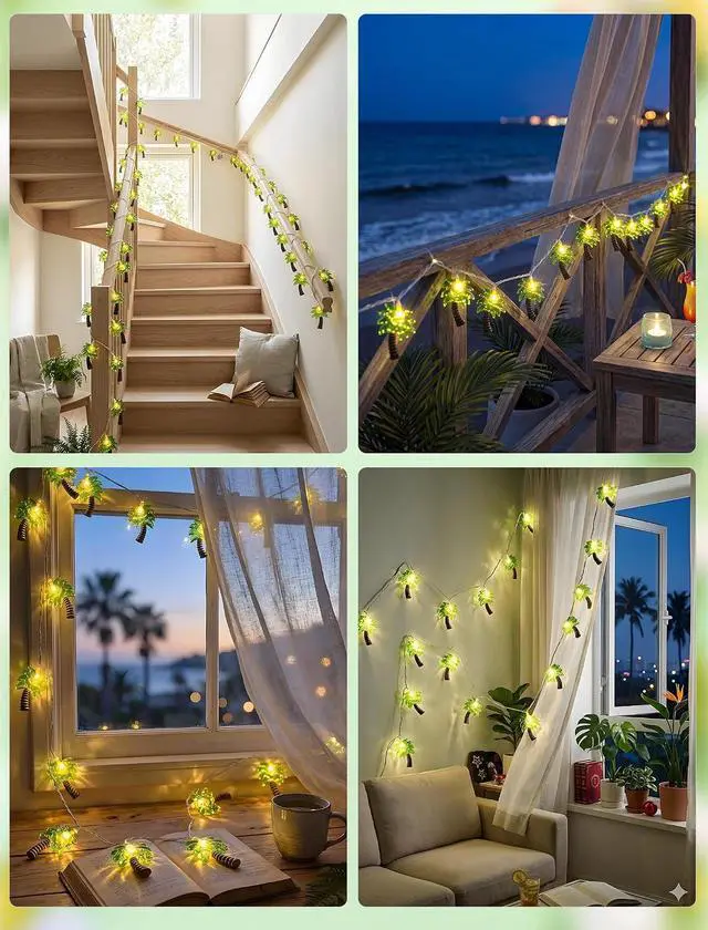 Alt view image 7 of 7 - Palm Tree String Lights Outdoor, Summer Beach Themed Decoratives String Lights with 10 Palm Tree Patio Light, Plug in Indoor Fairy Lights for Outdoor Indoor Beach Tropical Party Bedroom Birthday Decor