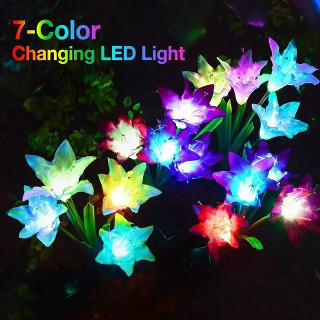 Alt view image 2 of 7 - KOOPER Outdoor Solar Lights, 4 Pack Solar Garden Light with Bigger Lily Flowers, Waterproof 7 Color Changing Solar Lights Outdoor - Bigger Panel for Patio Yard Garden Decoration, Gift for Mom