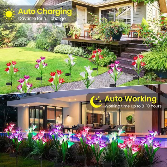 Alt view image 5 of 7 - KOOPER Outdoor Solar Lights, 4 Pack Solar Garden Light with Bigger Lily Flowers, Waterproof 7 Color Changing Solar Lights Outdoor - Bigger Panel for Patio Yard Garden Decoration, Gift for Mom