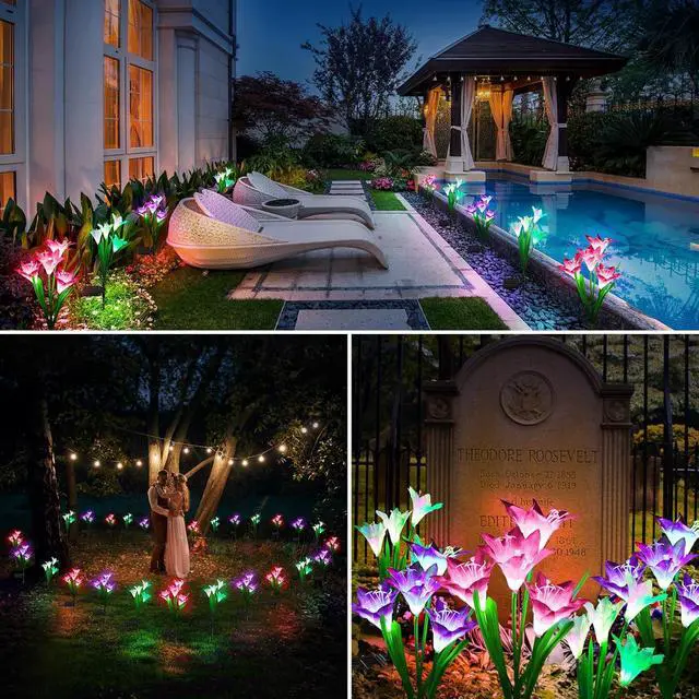 Alt view image 6 of 7 - KOOPER Outdoor Solar Lights, 4 Pack Solar Garden Light with Bigger Lily Flowers, Waterproof 7 Color Changing Solar Lights Outdoor - Bigger Panel for Patio Yard Garden Decoration, Gift for Mom